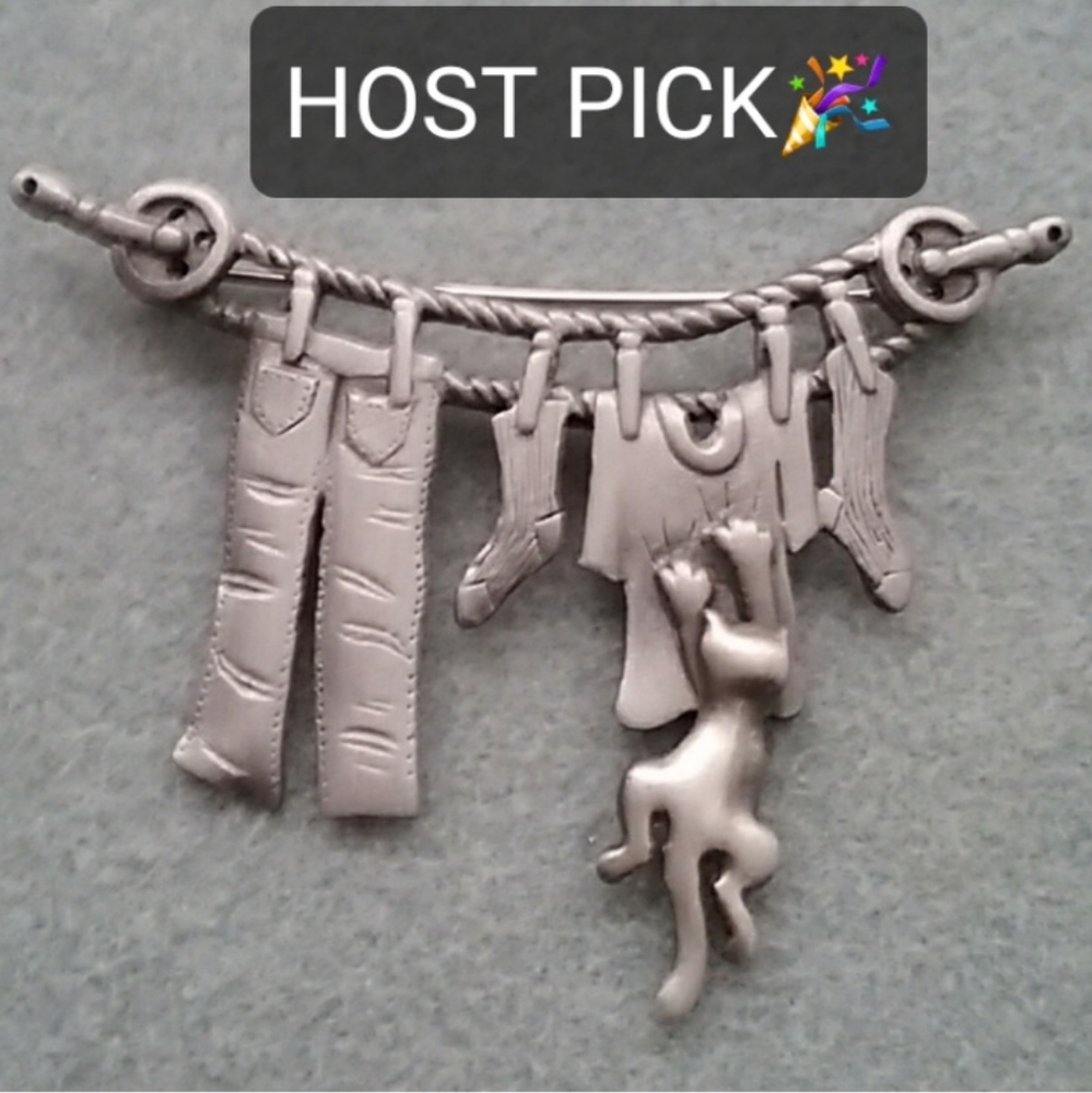 🍁3/$25 👉*VINTAGE* KITTY CAT SWINGING CLOTHESLINE PIN~ PEWTER